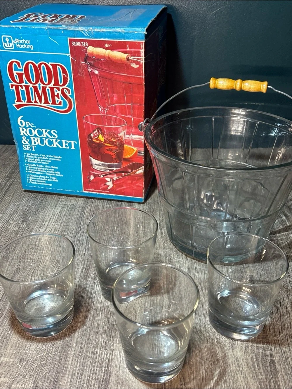 Vtg Anchor Hocking Co Glass Basket Ice Bucket 3100/318 With Bale Glasses and Box